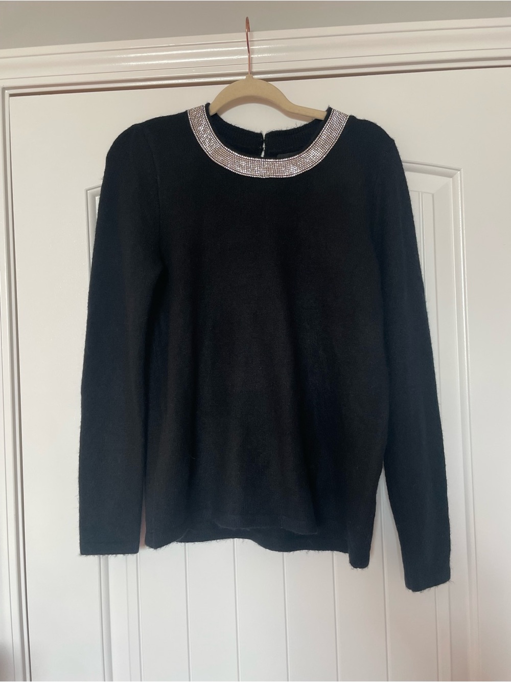 Halogen Black Crewneck Sweater with Rhinestone Collar